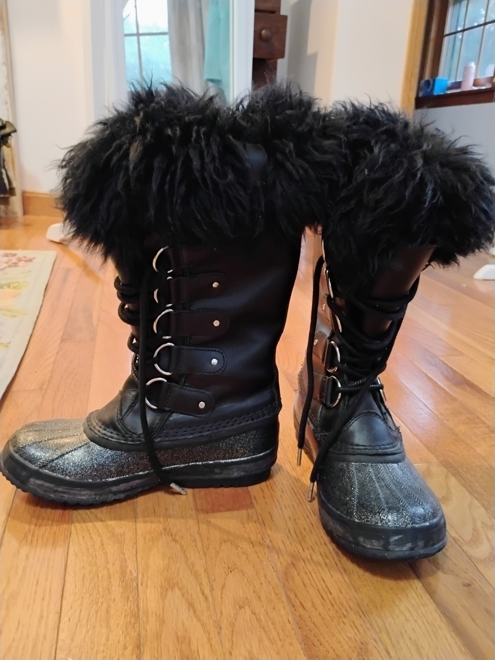 Sorel Joan Of Arc Luxe Black Sparkles Faux-Fur LaceUp Winter Boots, W8, Gorgeous